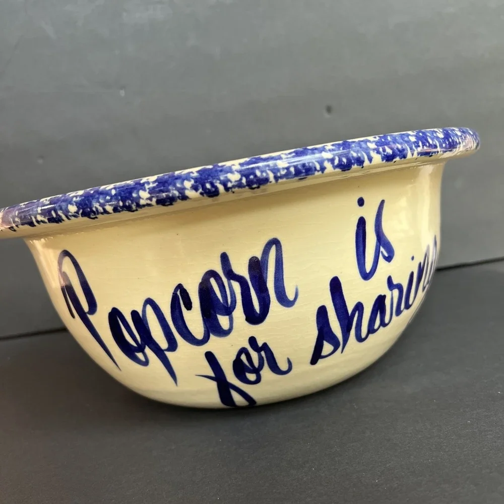 Sponge Ware Large Popcorn Bowl Blue Ivory THAT'S ALL Folks Handmade Pottery EUC